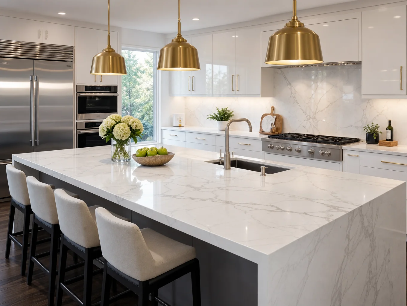 Example design inspiration of quartz waterfall kitchen island in Dunwoody