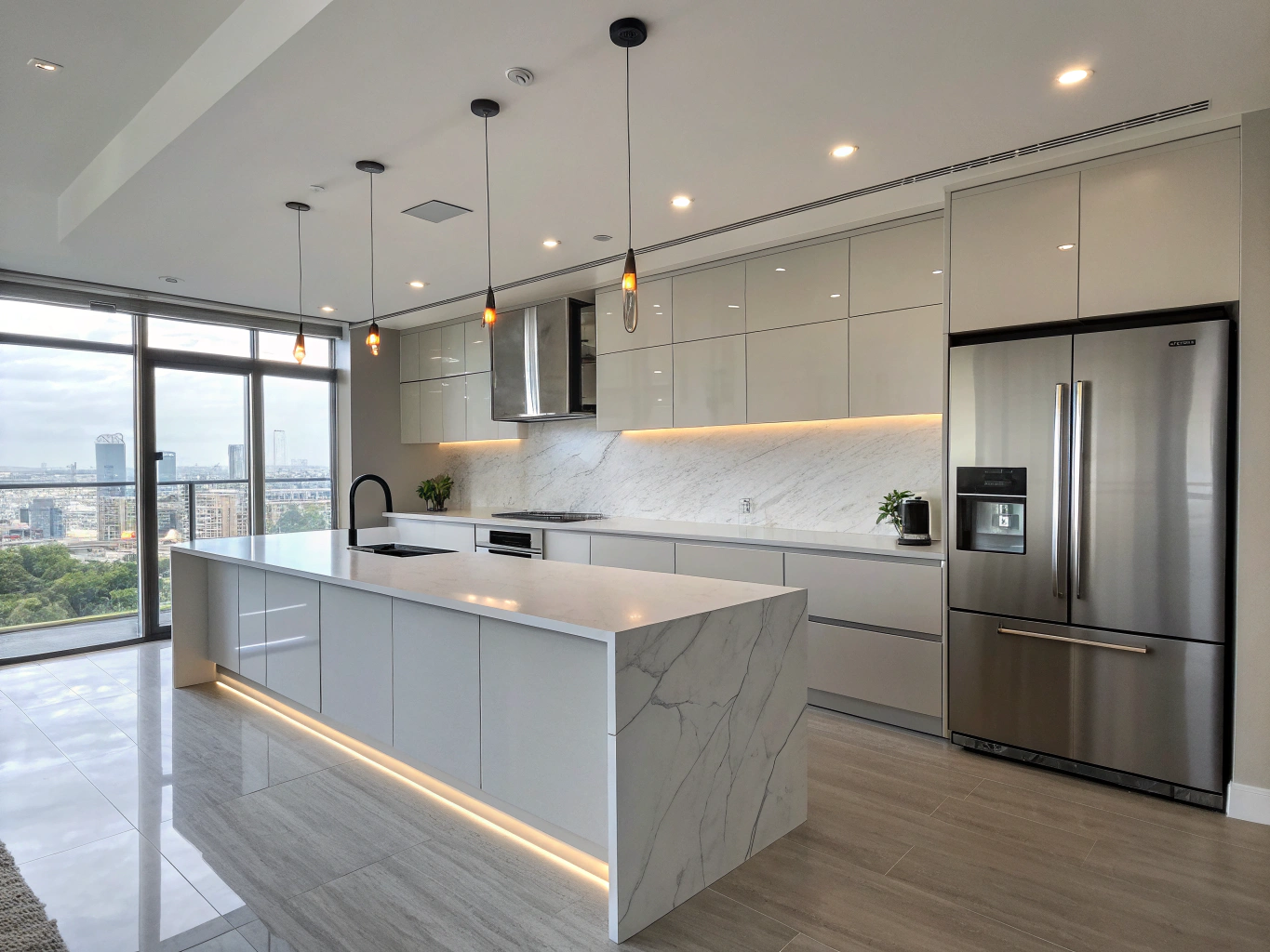 Layered kitchen lighting design and brass fixtures in Dunwoody residence